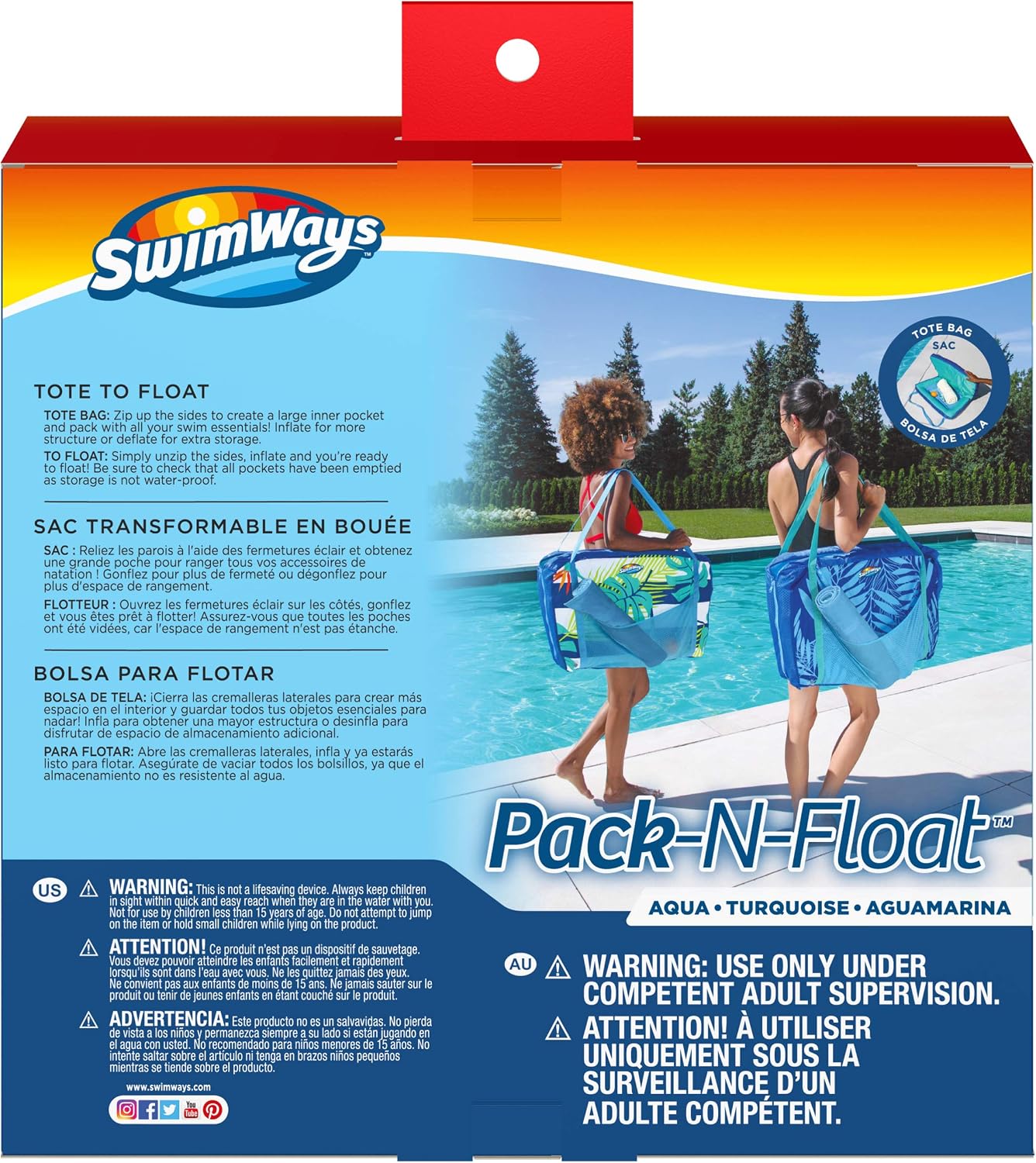 SwimWays Pack-N-Float 2-in-1 Pool Chair and Tote Bag, Blue Palm