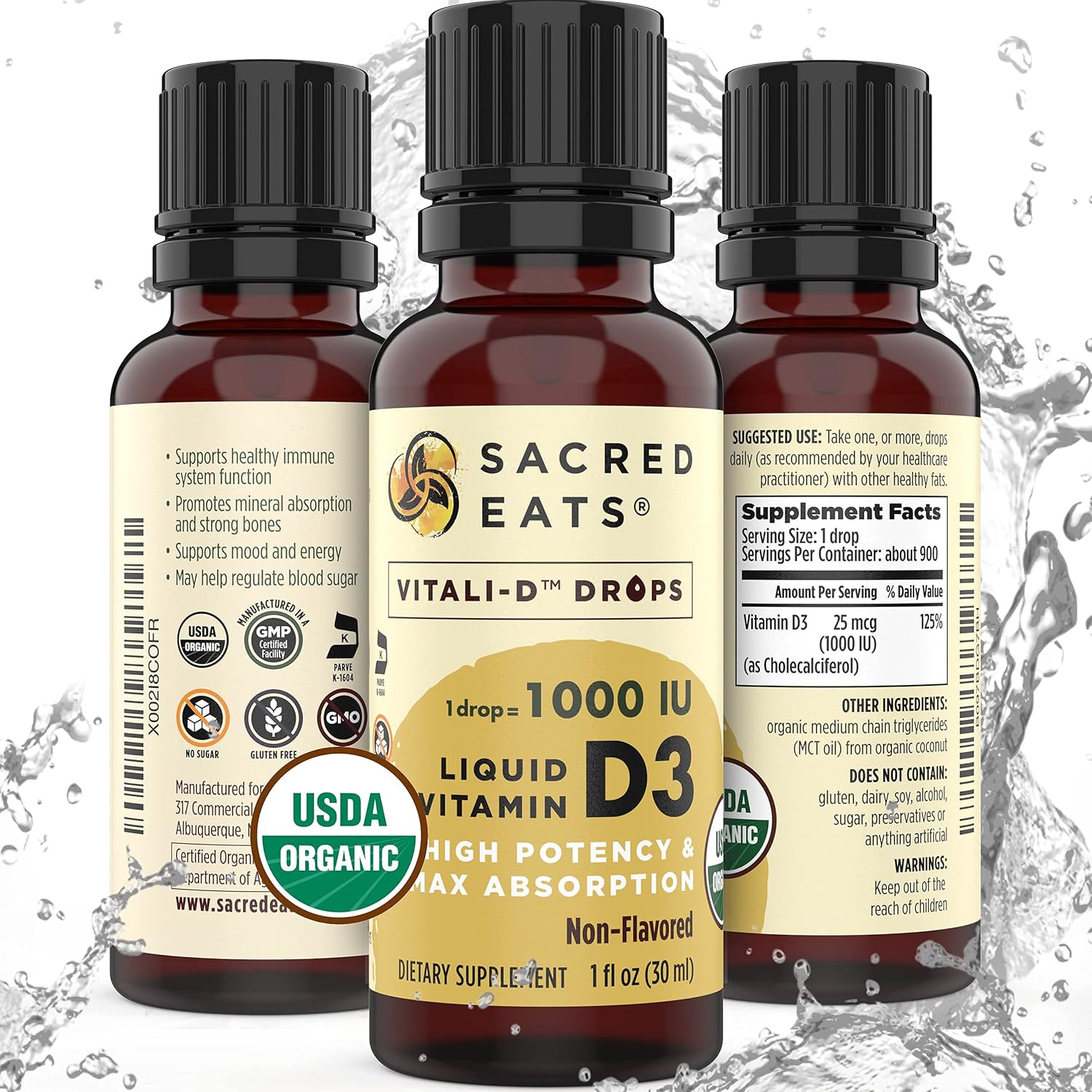 Organic Liquid Vitamin D Drops for Kids & Adults, Sugar Free. Easy to Use 1, 000 IU/Drop in Coconut MCT Oil. Lasts Months