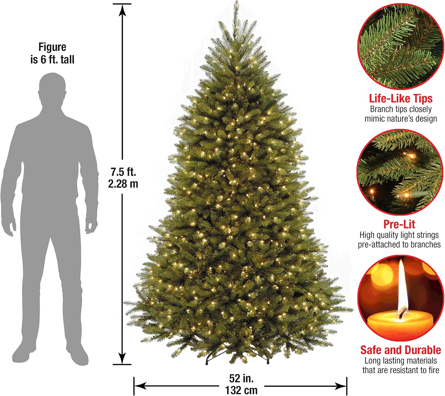 National Tree Company 7.5 ft Pre-Lit Dunhill Fir Artificial Christmas Tree, 600 Warm White LED Lights, 2, 189 Tips, Includes Stand