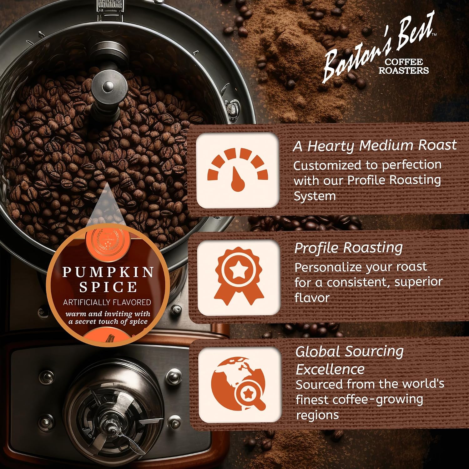 Boston’s Best Coffee - Fall-Inspired Pumpkin Spice Medium Roast Gourmet Delicious Flavored Coffee, Premium Ground - 11 oz. / 311 g Bag