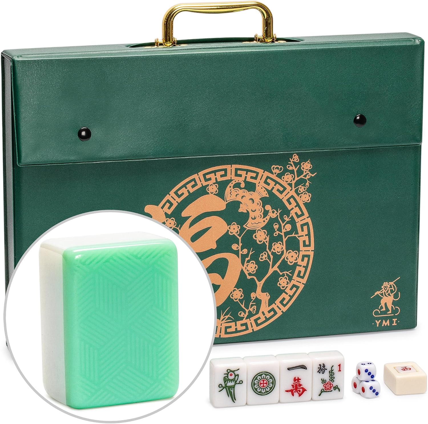 Yellow Mountain Imports Classic Chinese Mahjong Game Set, Emerald with 148 Medium-Size Translucent Green Tiles and Wooden Case