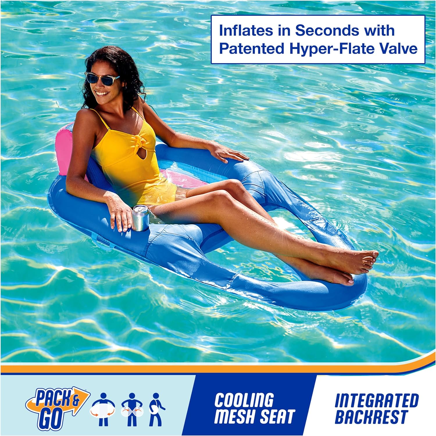 SwimWays Spring Float Recliner Chair for Swimming Pool, Inflatable Pool Floats Adult with Fast Inflation, Cup Holder & Foot Rest for Ages 15 & Up