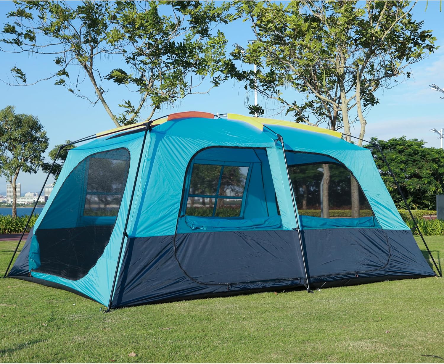 KTT Extra Large Tent 12-14 Person, Family Cabin Tents, 2 Rooms, Straight Wall, 2 Doors 4 Windows with Mesh, Waterproof, Double Layer