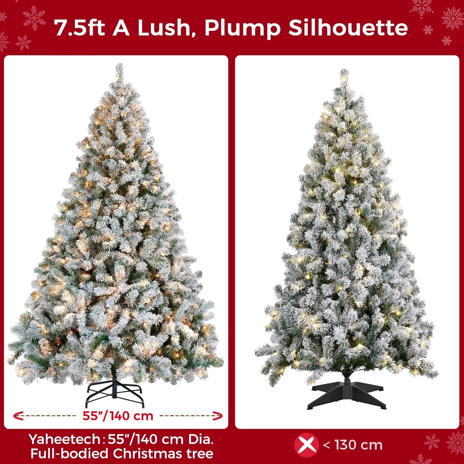 Yaheetech 7.5ft Pre-Lit Snow Flocked Artificial Christmas Tree, 550 Lights
