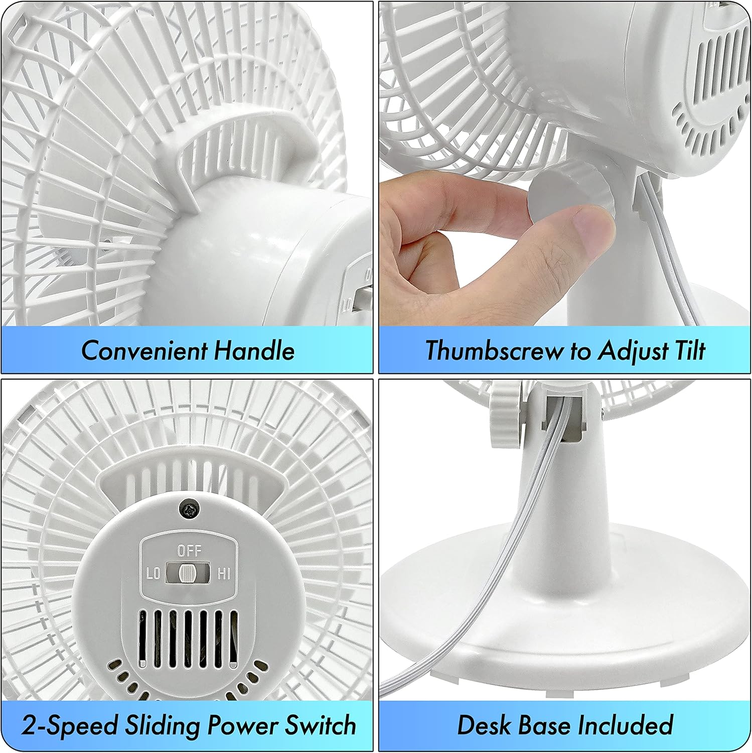 Comfort Zone CZ6D 6" Quiet Portable Indoor 2-Speed Desk Fan with Clip and Fully Adjustable Tilt in White