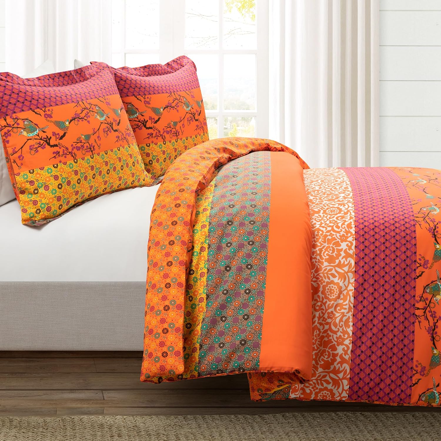 Lush Decor Royal Empire Reversible Cotton Quilt Set, 3 Piece Set Full/ Queen, Plum - Striped Bedding Set - Floral Quilt Queen Size - Purple Bedding - Boho Decor