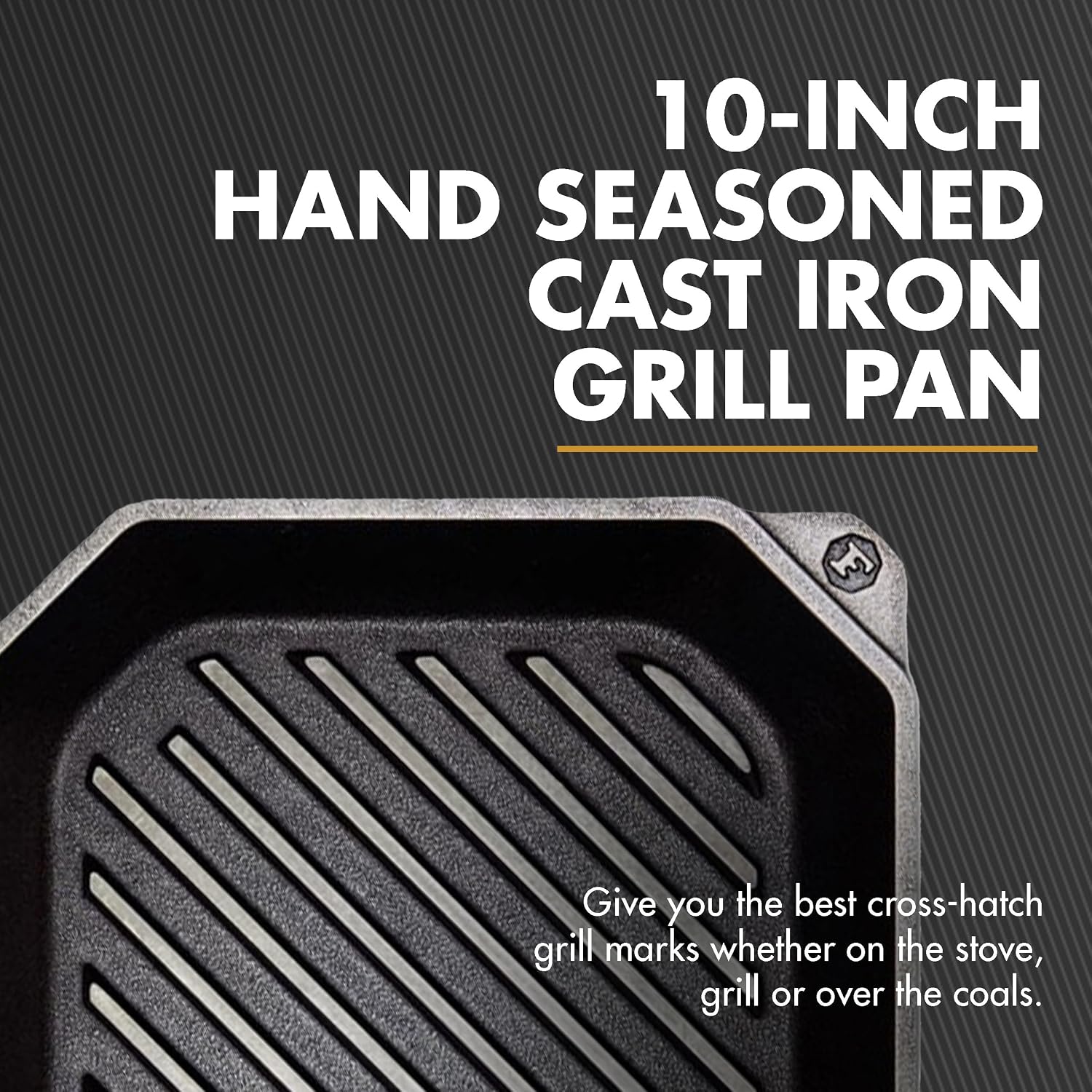 FINEX 10" Cast Iron Grill Pan, Grill Pans with Superior Heat Distribution, Near Non-Stick for Easy Cleaning, Cast Iron Grill Pan, For Indoor & Outdoor Grilling, Pre-Seasoned with Flaxseed Oil