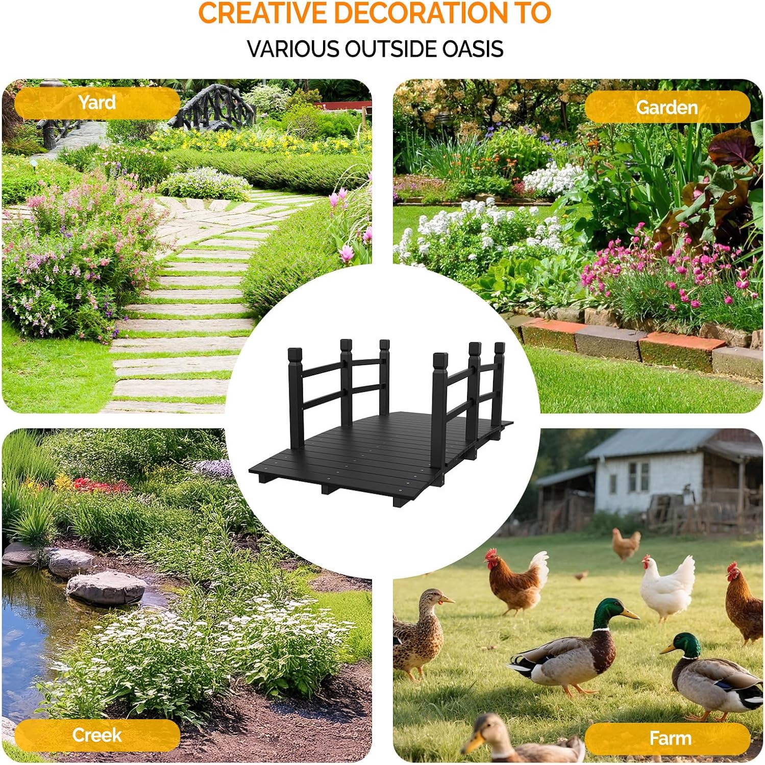 VINGLI 5 ft Garden Bridge, Classic Wooden Arch with Safety Rails Stained Finished Footbridge, Decorative Pond Landscaping, Backyard, Creek or Farm