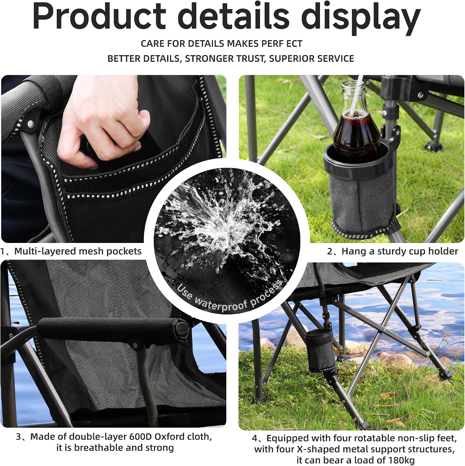 Adjustable Back Folding Camping Chair for Camp, Picnic, Lawn, Fishing | Adjustable Back; Weight Capacity 400 LBS;Hard Arm Portable Chair;Cup Holder;Storage Bag;carrying bag