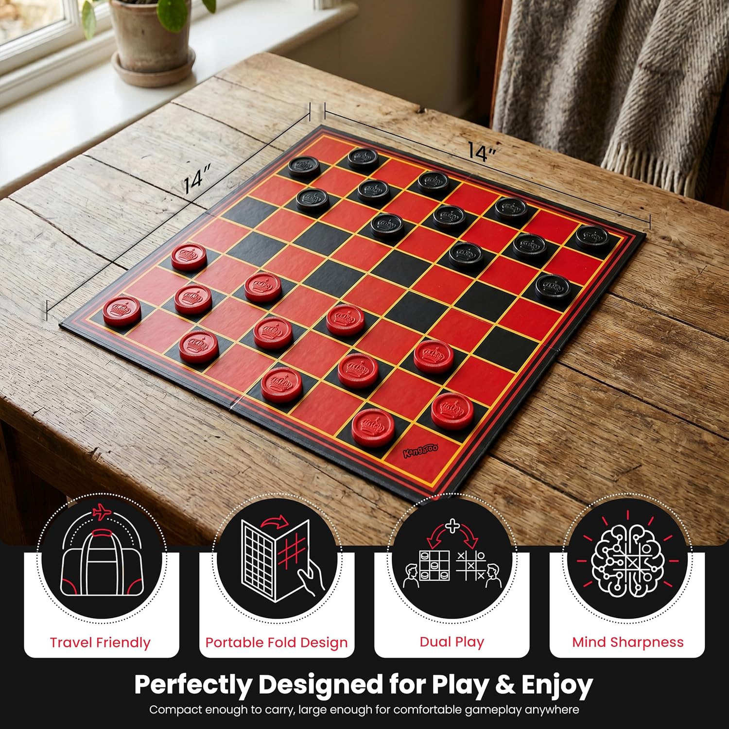 Kangaroo - Multiplayers Strategy Checker Board Game for Kids & Adults - Portable Educational Travel Cardboard Checkers - Includes Large Board w/ 24