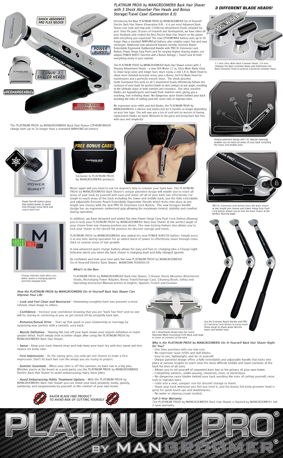 MANGROOMER - PLATINUM PRO New Back Hair Shaver Complete Attachment Head with Shock Absorber Neck and 1.8 Inch Blade Design!