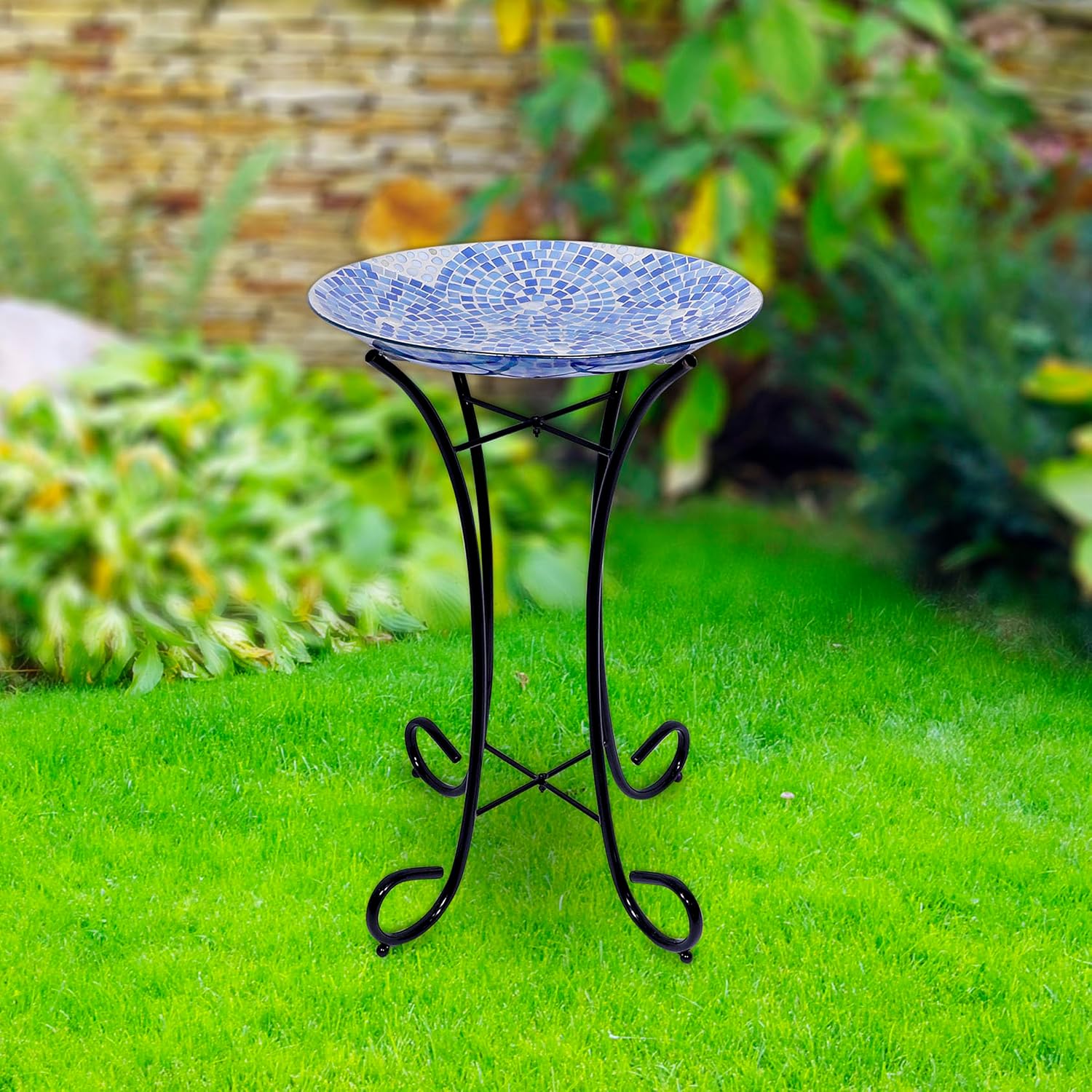 Alpine Corporation 24" Tall Outdoor Floral Mosaic Glass Birdbath with Metal Stand and Detachable 18 Inch Diameter Bowl, Garden Decor
