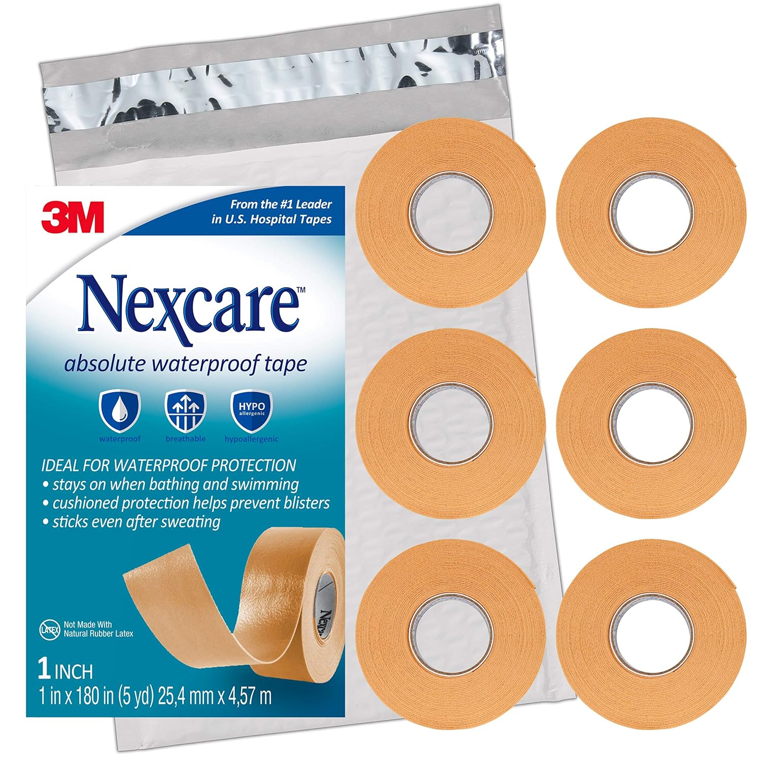 Nexcare Absolute Waterproof First Aid Tape, from The #1 Leader in U.S. Hospital Tapes, Stays on During Sports, Seals Out Water, Dirt and Germs, 1-Inch x 5-Yard Roll