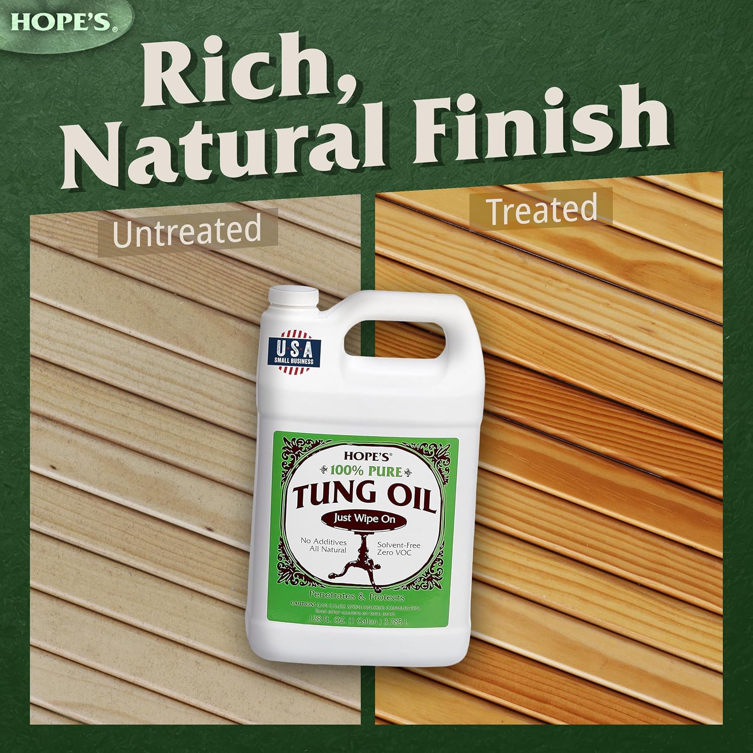 HOPE'S 100% Pure Tung Oil, Food Safe, Premium Waterproof Natural Wood Finish and Sealer for Indoor and Outdoor Projects,128 Fl Oz, 1 Pack