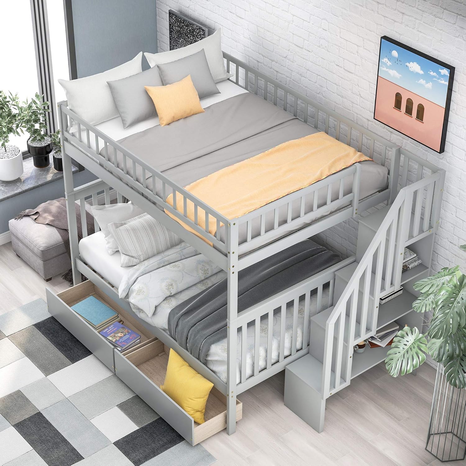 Bellemave Full Over Full Bunk Beds with Stairs Stairway Bunk Bed Frame with Storage Shelves for Teens Adult, Detachable Wood Full Bunk Bed, Gray