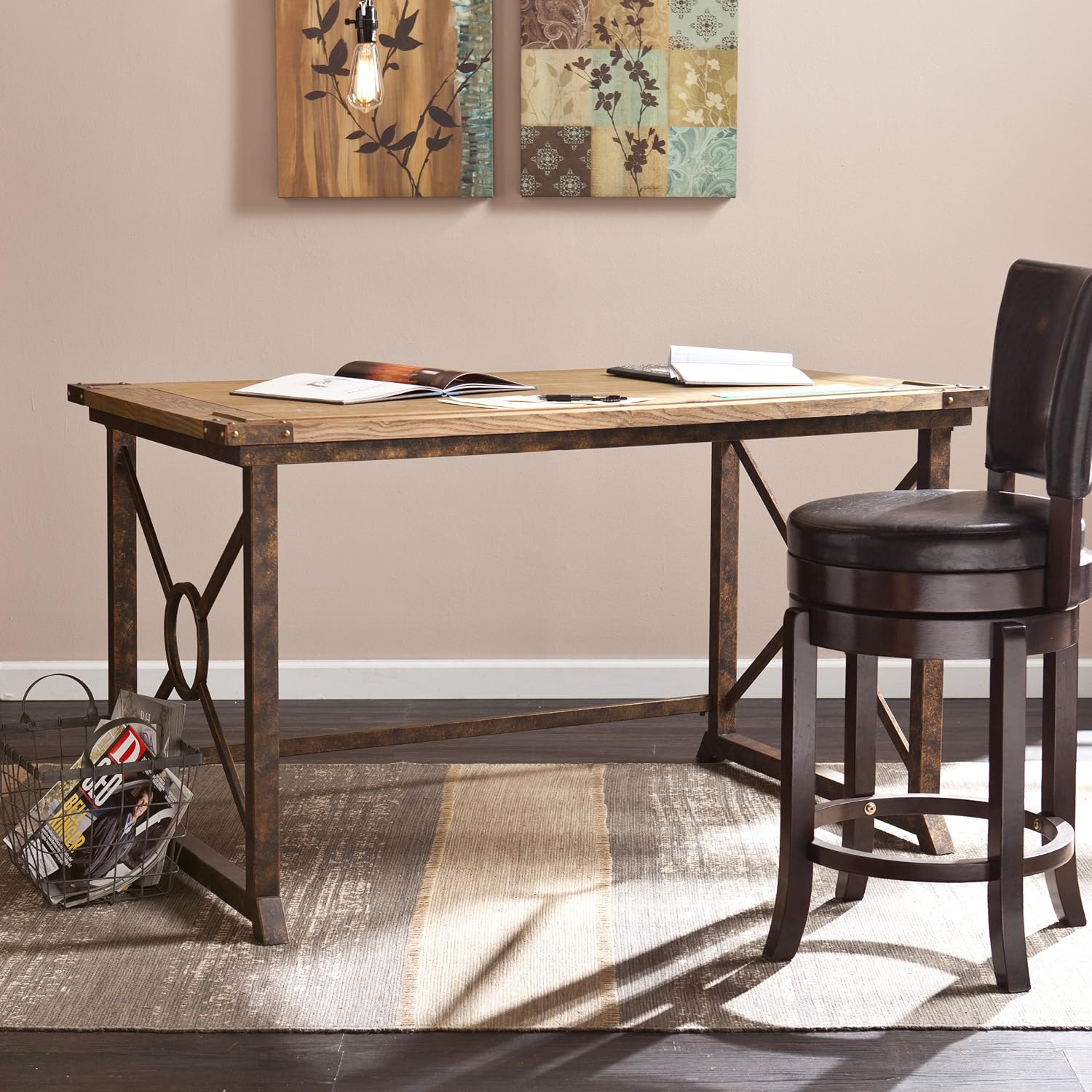 SEI FURNITURE Knightley Tilt Top Drafting Table - 51.5 inch Wide - Oak Wood Finish w/ Antique Brass, Brown