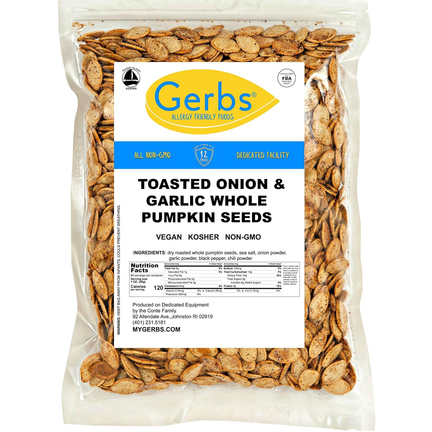 Gerbs Raw Whole Pumpkin Seeds 2 lbs. | In-Shell, 10.5 mm Size, Resealable Bag | Mildly Nutty & Crunchy | Top 14 Allergen-Free