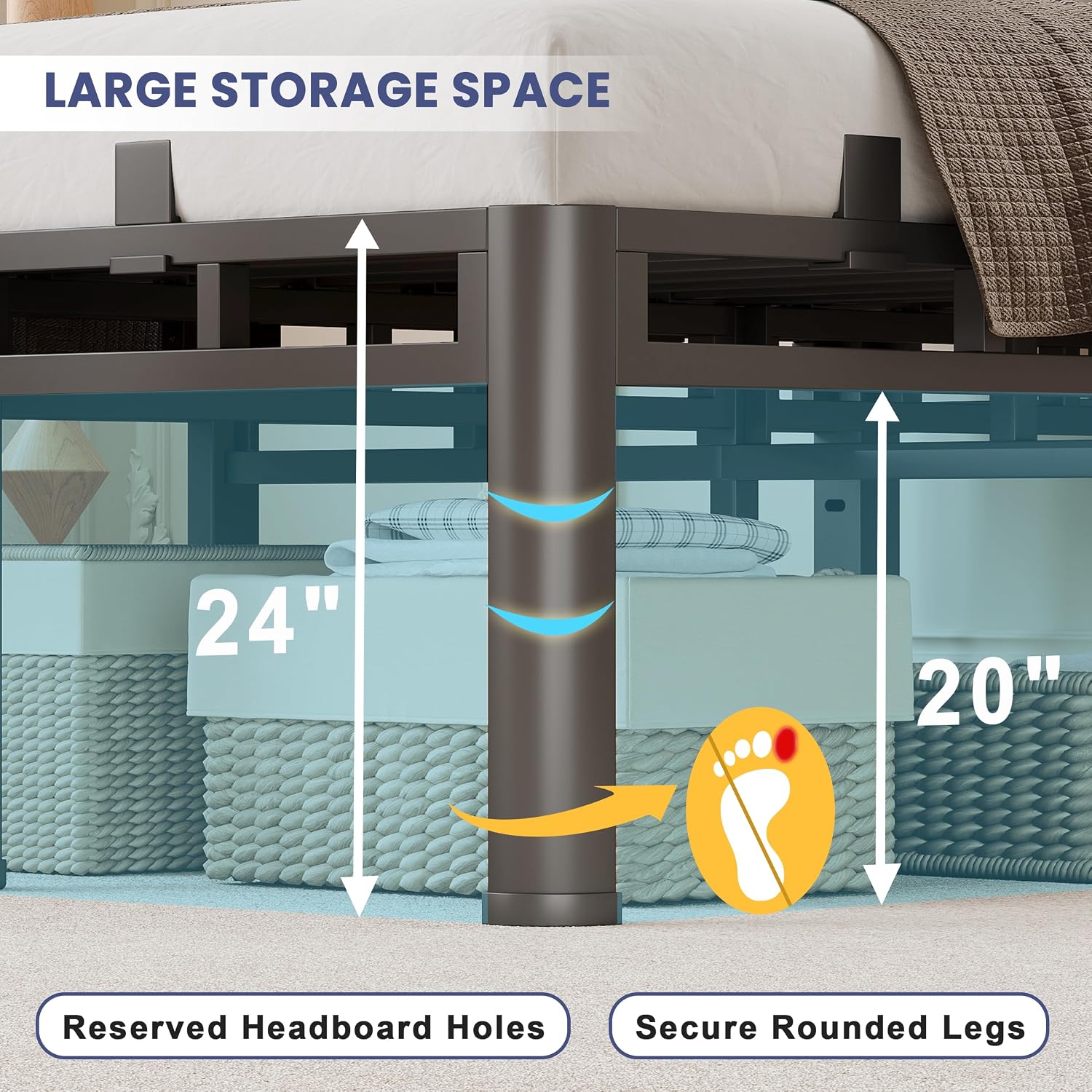 20 Inch Queen Size Bed Frame,Double Layer Heavy Duty Metal Platform Tall | Easy Assembly,Noise Free,2in1 Base,4000lbs Capacity,6 Mattress Stoppers,Round Corner Legs,16"Storage Space,Headboard Holes