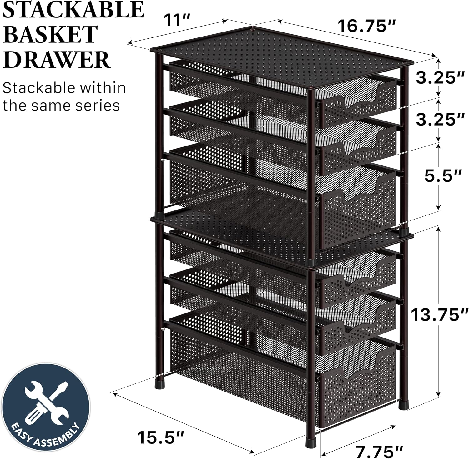 Simple Houseware Stackable 3 Tier Sliding Basket Organizer Drawer, Silver
