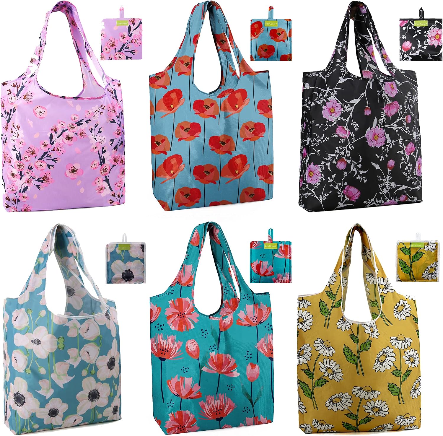 BeeGreen Grocery Bags | Reusable Gift Bags, Large Tote for Women & Foldable Beach Bag - 6 Pack Reusable Bag With Handles | Collapsible Cute Cloth Storage for Market, Holiday & Shopping | Washable​