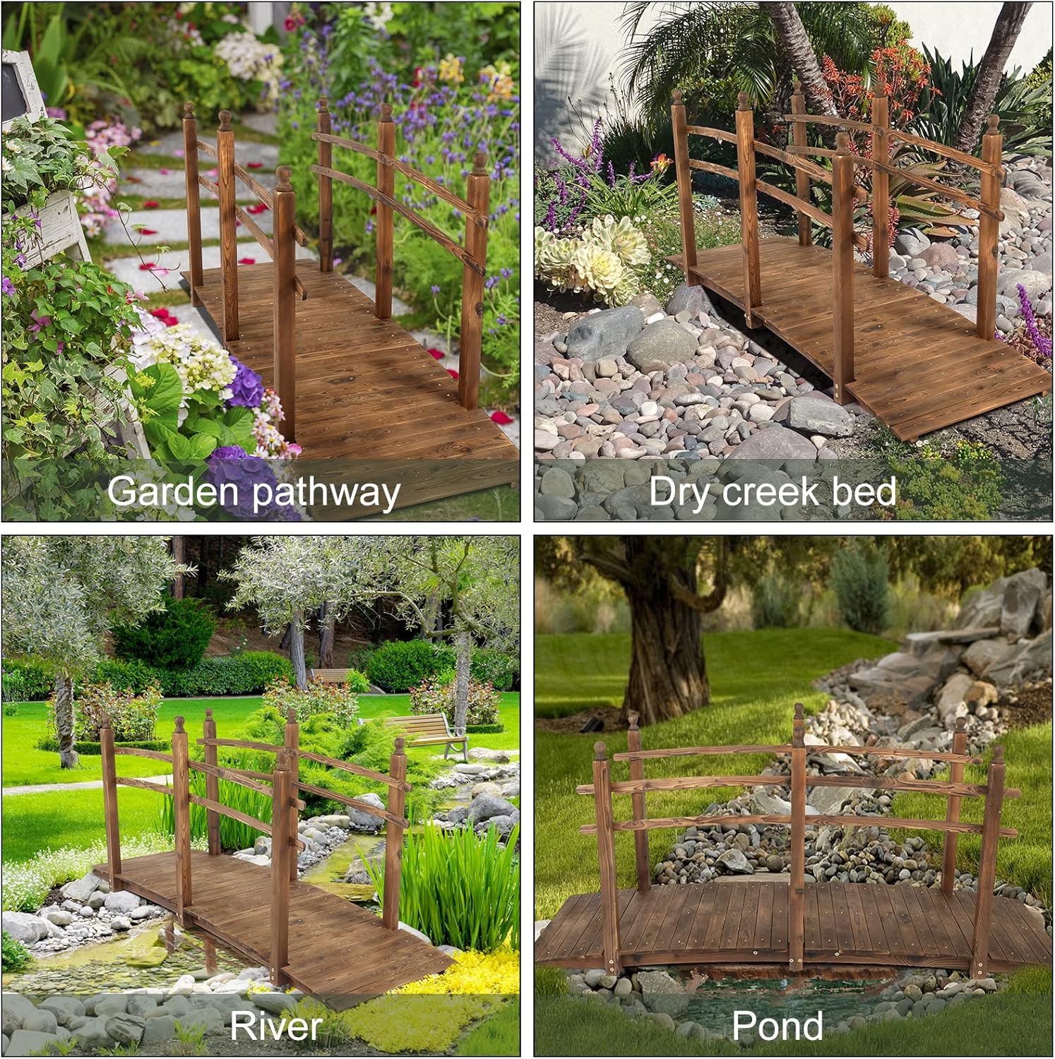 VINGLI 5 ft Garden Bridge, Classic Wooden Arch with Safety Rails Stained Finished Footbridge, Decorative Pond Landscaping, Backyard, Creek or Farm