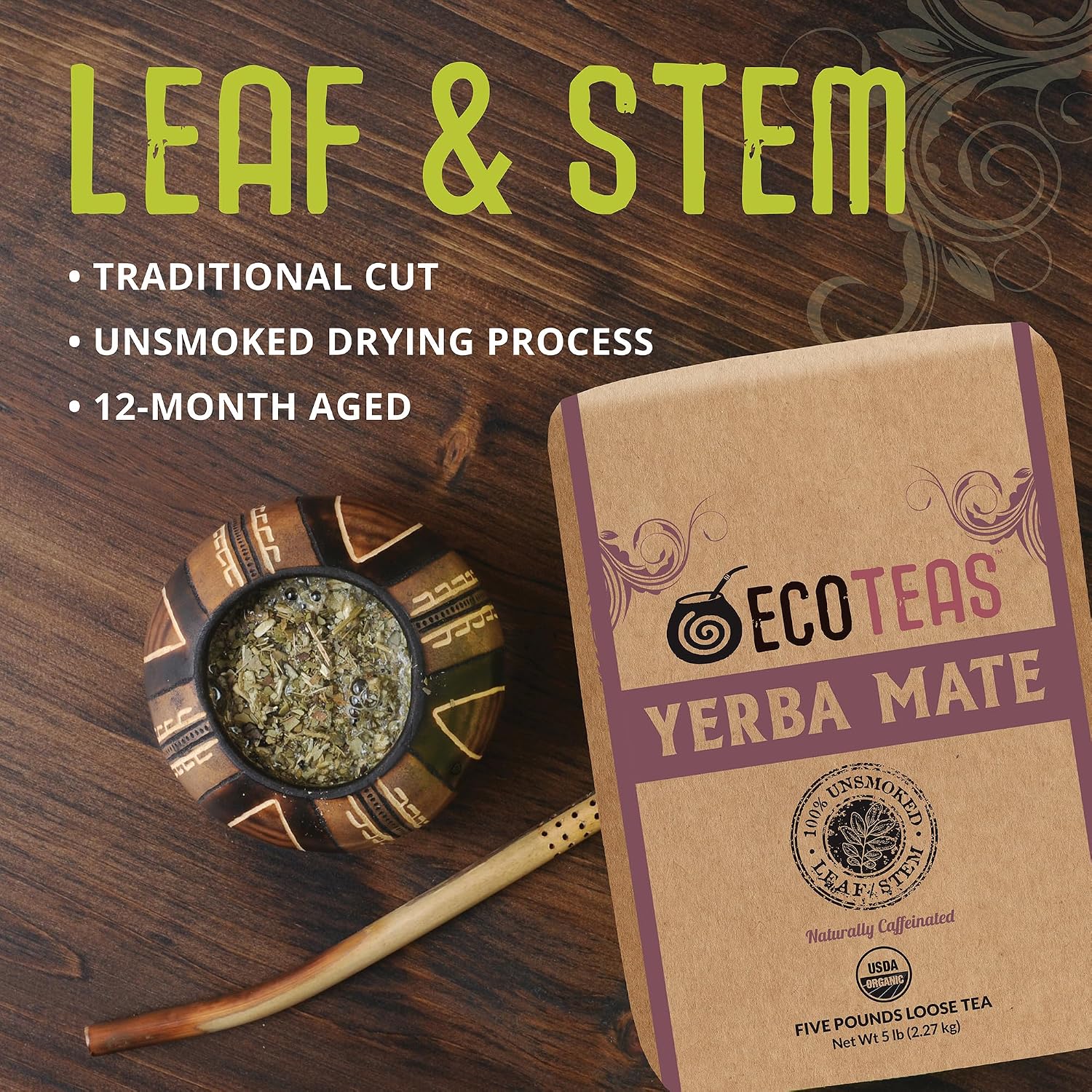 ECOTEAS Organic Yerba Mate Loose Tea Traditional Cut 5 lb Bulk Value Bag | 5 lb bulk traditional cut with stems and powder