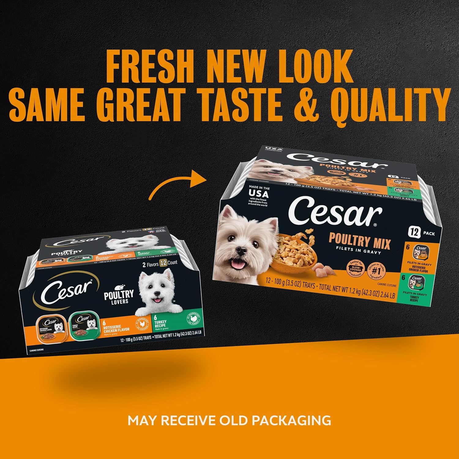 Cesar Filets in Gravy Wet Dog Food, Steak Mix Variety, 3.5 oz, 24 Count | Filet Mignon, New York Strip & Prime Rib, real meat, slow-cooked, no fillers/added sugar/artificial flavors, easy peel trays