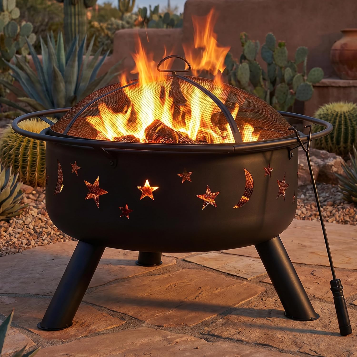 Sunnydaze Cosmic 30" Fire Pit with Cooking Grate for Outside, Wood Burning | Bronze, Heavy Duty Steel Metal, Includes Spark Screen & Poker, Round Outside Firepit for Patio, Deck, Backyard BBQ, Bonfire