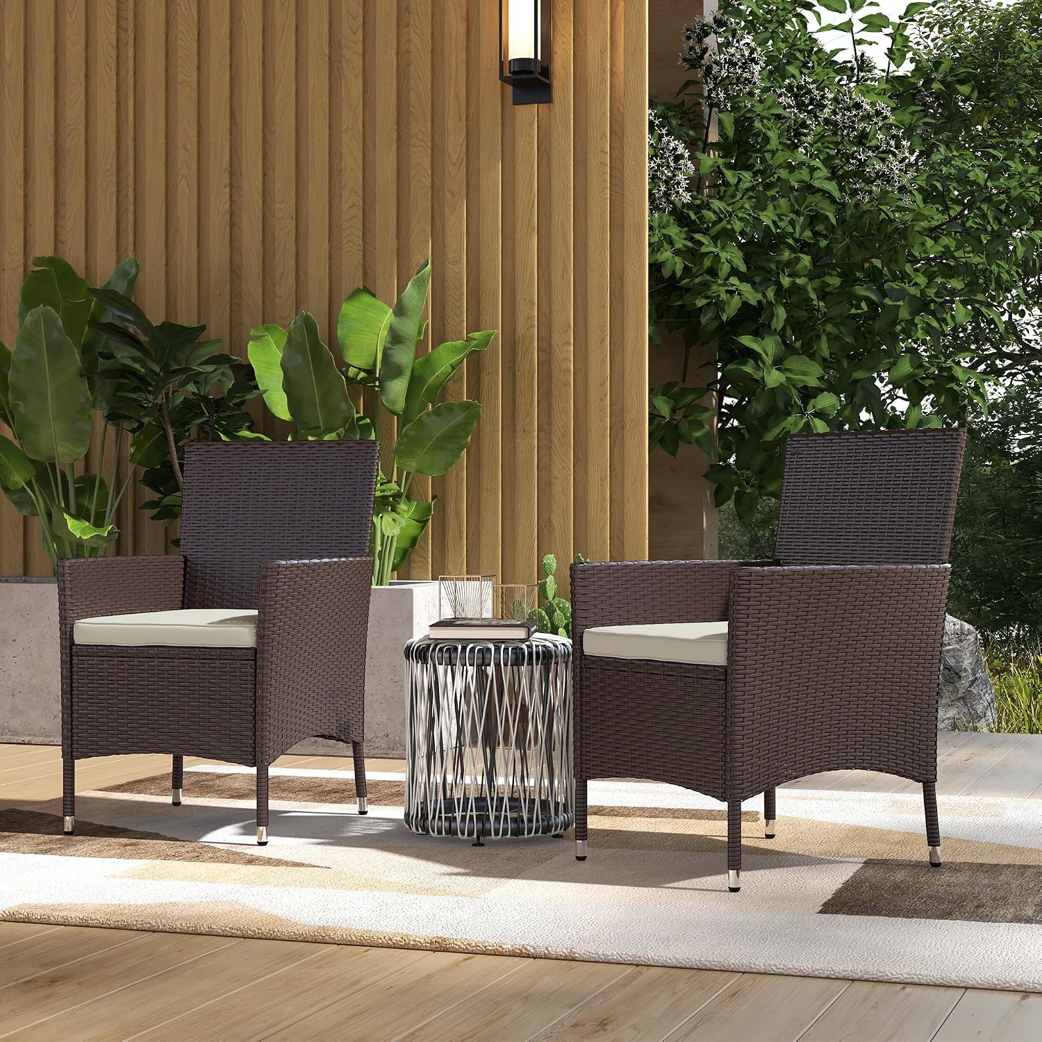 Outsunny Rattan Wicker Dining Chairs, Outdoor, 2 PCS, Dark Coffee | With Cushions, Anti-Slip Foot, Patio Stackable Chairs Set, Backyard, Garden, Lawn