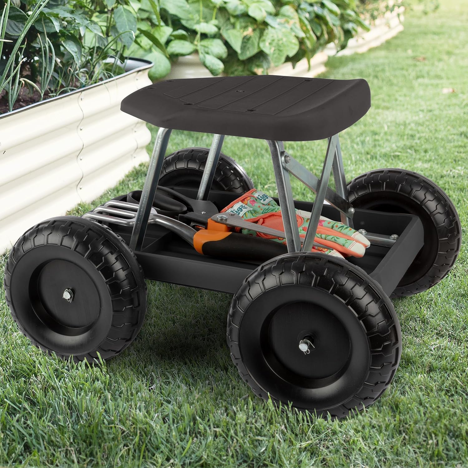 Pure Garden Rolling Garden Seat with Wheels and Tool Tray, Black/Green | Gardening Stool Garden Cart Scooter with Storage for Yard Tools