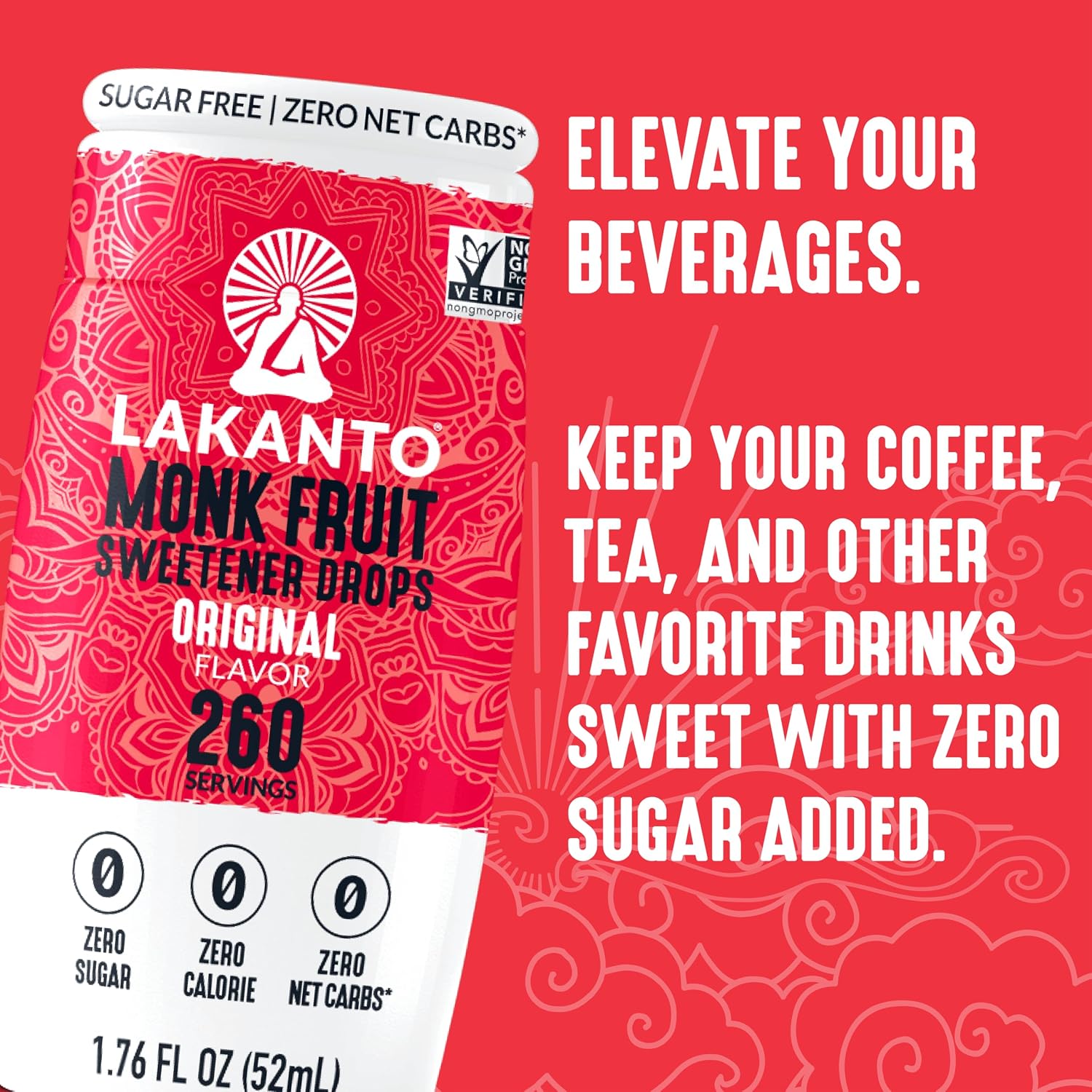 Lakanto Liquid Monk Fruit Extract Drops, Original, 1.76 Fl Oz | Erythritol Free Sugar Substitute Sweetener, For Coffee, Tea, Smoothies, Oatmeal, Yogurt, Cocktails, Zero Sugar, Vegan, Keto