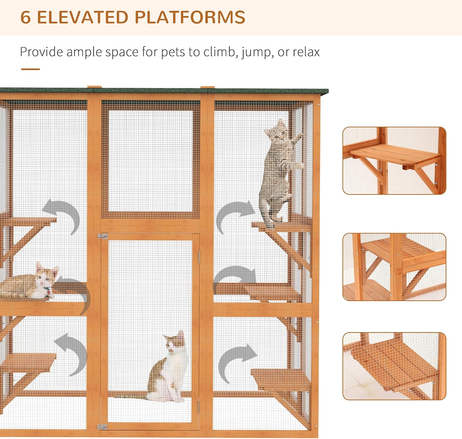 PawHut Outdoor Cat House Big Catio w/Large Spacious Interior 71" L Orange | Wooden Feral Cat Shelter Enclosure, 6 High Ledges
