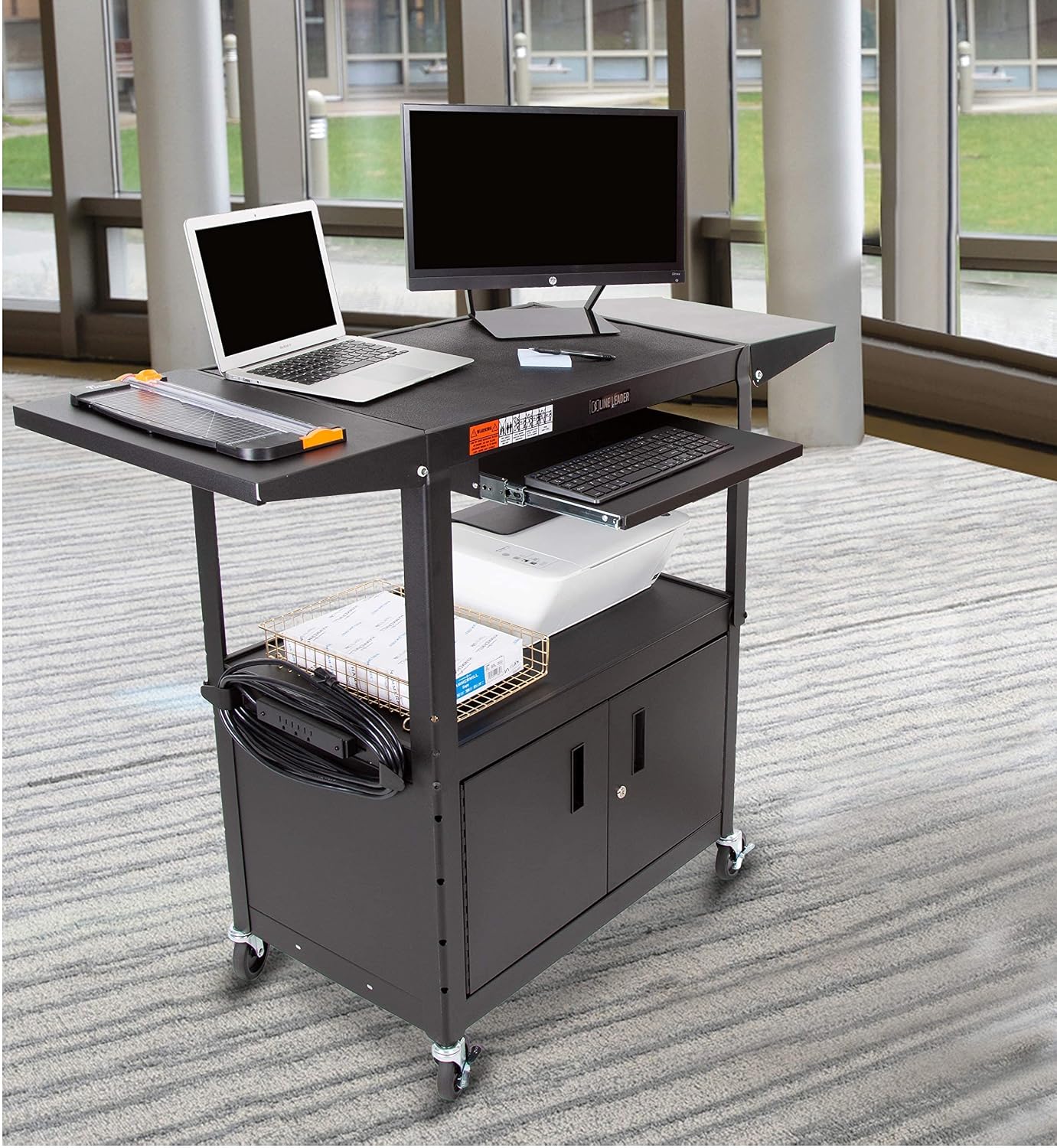Line Leader AV Cart w/Locking Cabinet, Black Metal Utility Cart with Storage Shelf - Height Adjustable, Mobile and Great for Offices, Classrooms, Libraries (Black, 24in x 18in)