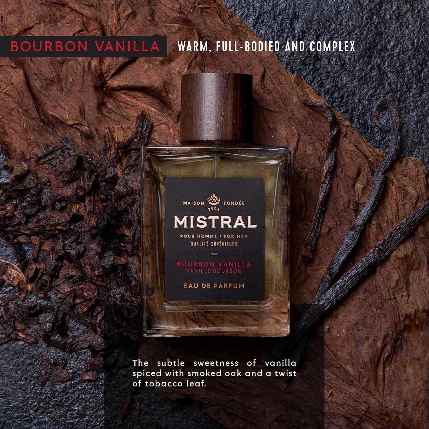 Mistral Bourbon Vanilla Eau de Parfum for Men, Men's Cologne, 3.4 Oz | Warm & Sweet Masculine Scent with Vanilla, Patchouli & Sandalwood, Cruelty-Free, Long-Lasting Perfume, Made in France