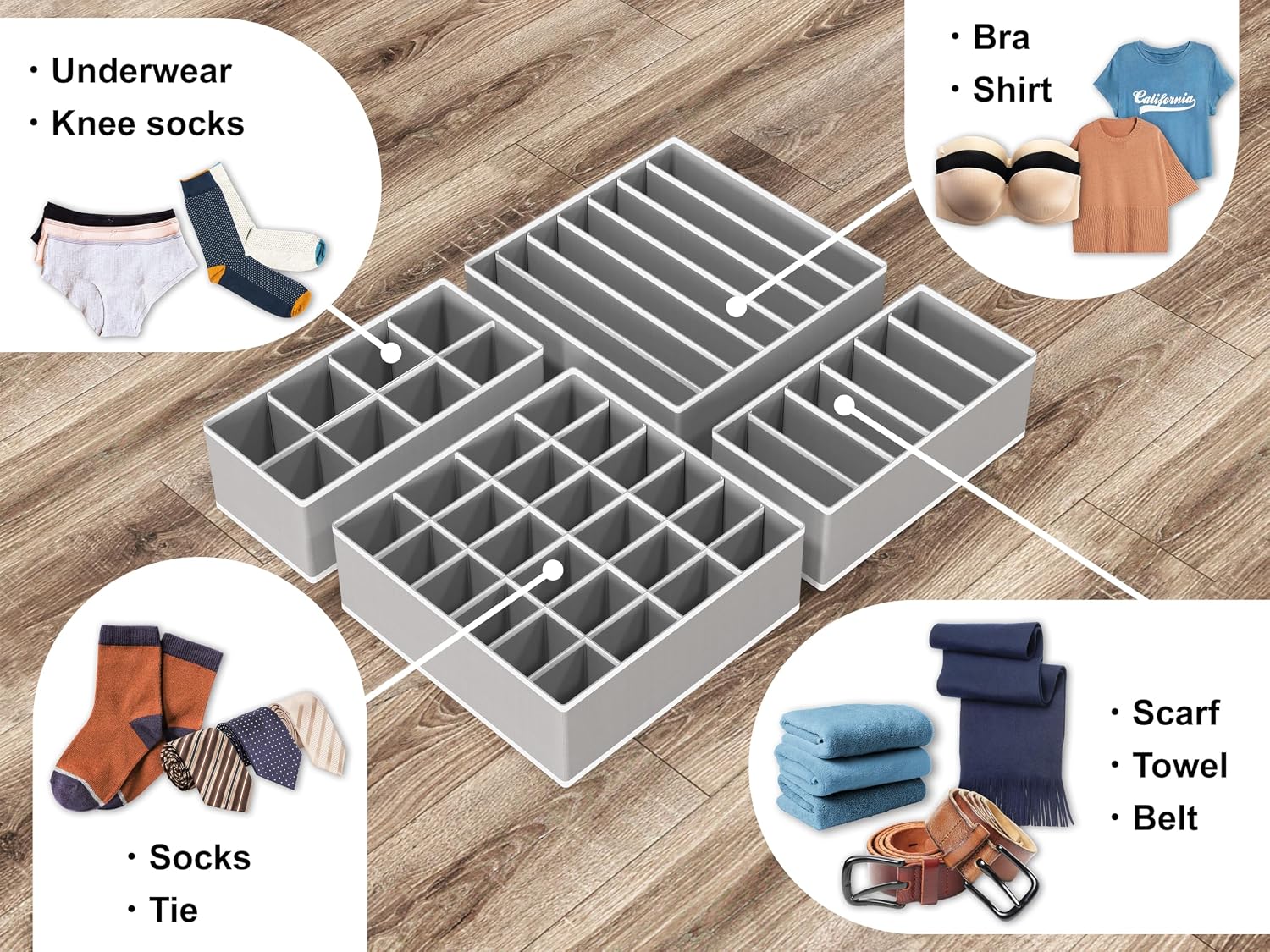 Simple Houseware 4-Pack Drawer Organizer Set for Underwear/Socks/Bra, Gray | Closet Dividers for Underwear, Socks, Bras, Scarves, Ties - Foldable Non-Woven Storage Boxes