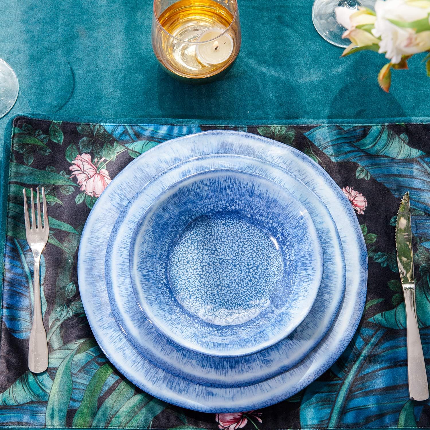 12 Pcs Blue Melamine Dinnerware Set, Shatterproof and Dishwasher Safe, Ideal for Indoor and Outdoor Use