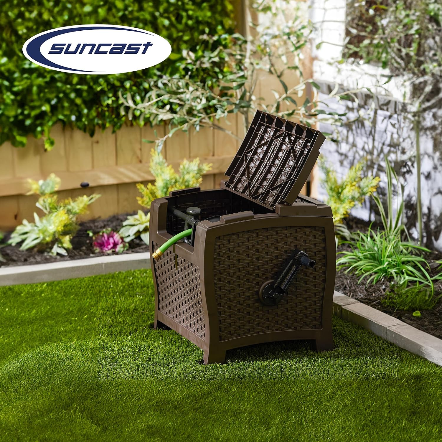 Suncast 175 ft. Wicker Style Resin Hose Hideaway with Hose Guide, Java, Made in the USA