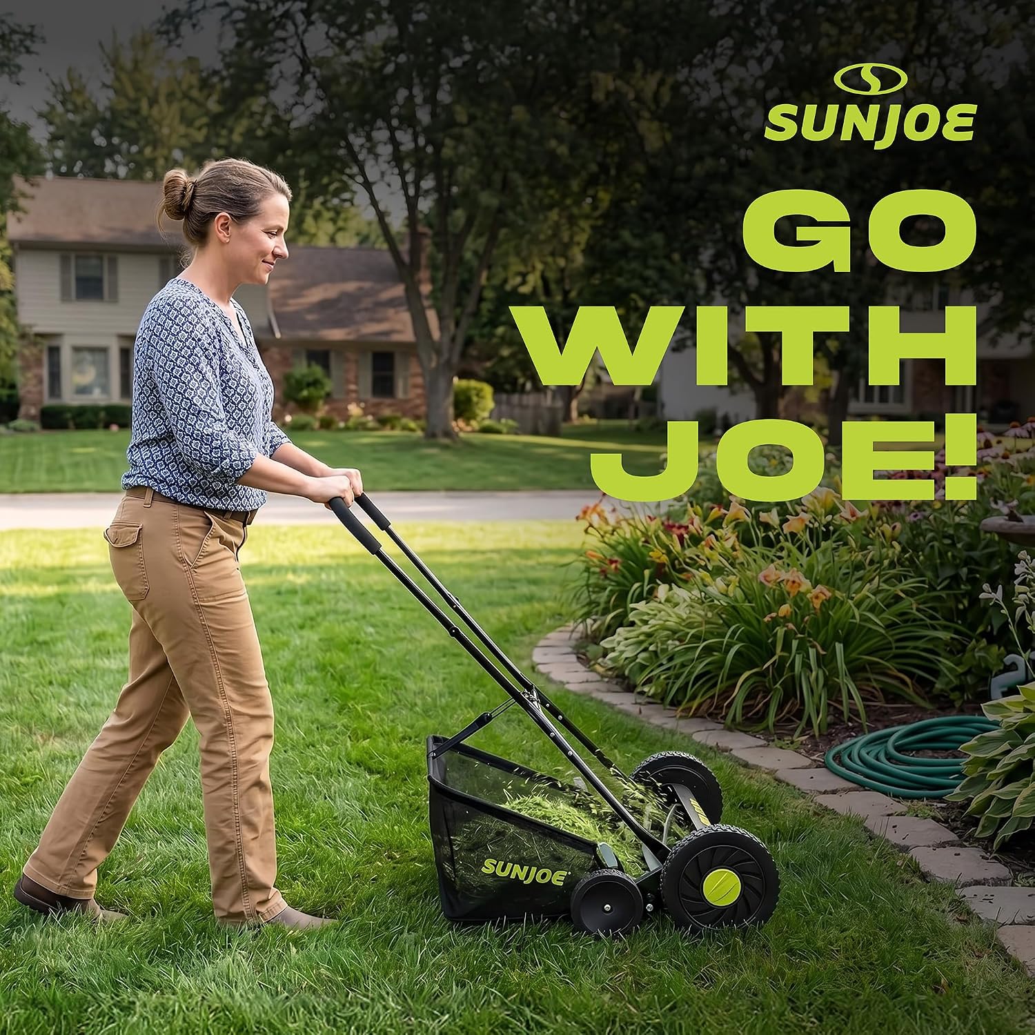 Sun Joe Manual Push Reel Lawn Mower with 6.6-Gal Grass Catcher, 16-Inch Cutting Width - Heavy-Duty Yard Trimmer Machine for Gardening Care and Maintenance, MJ500M