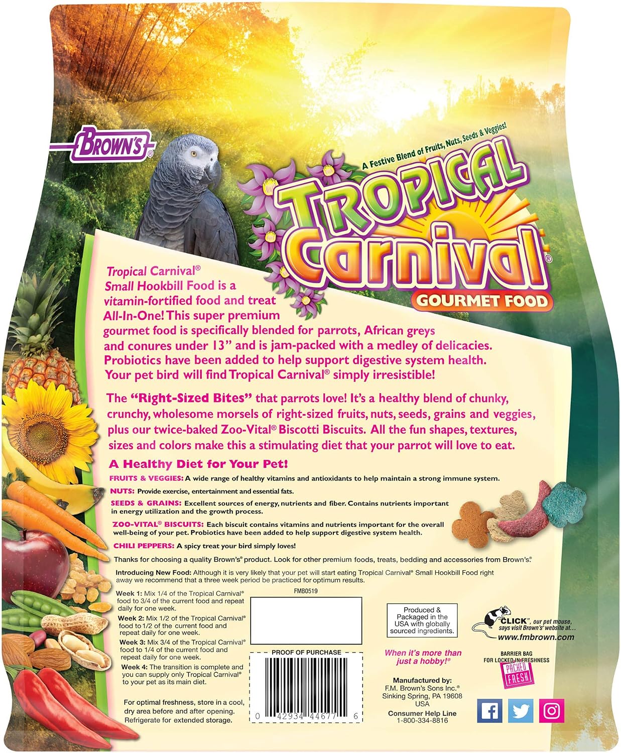 F.M. Brown's Tropical Carnival Gourmet Bird Food for Parrots, African Greys, and Conures Under 13", Probiotics for Digestive Health