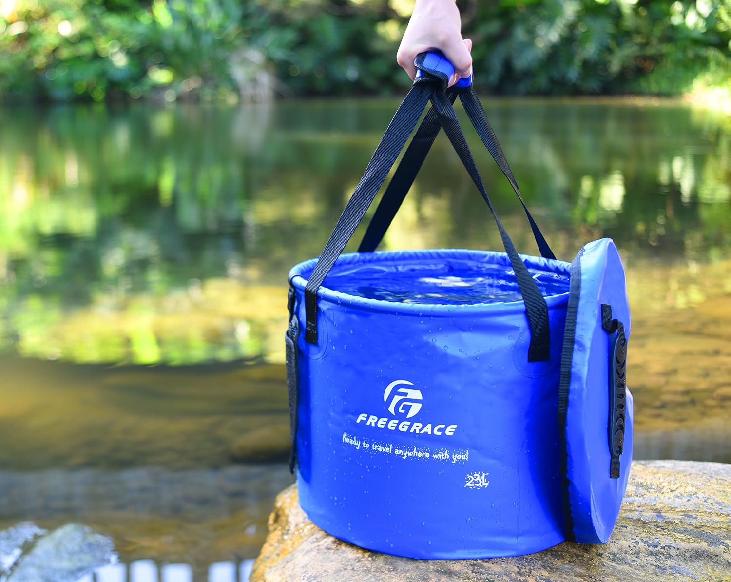 Freegrace Collapsible Bucket with Mesh Tool Pocket - 10L, 16L & 23L Portable Folding Water Container - Heavy Duty 500D Tarpaulin, BPA-Free Wash Basin for Camping, Fishing, RV, and Car Washing