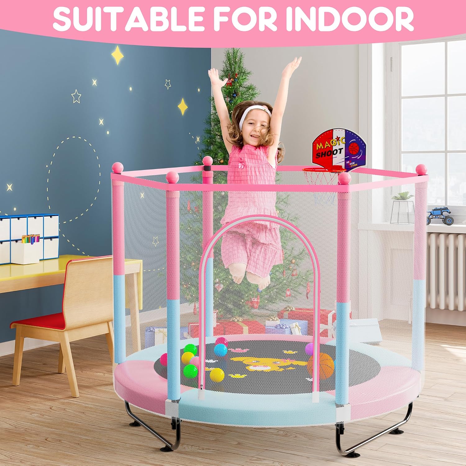 VGMiu 60" Trampoline for Kids, Toddler Trampoline Indoor with Net, Age 3-8