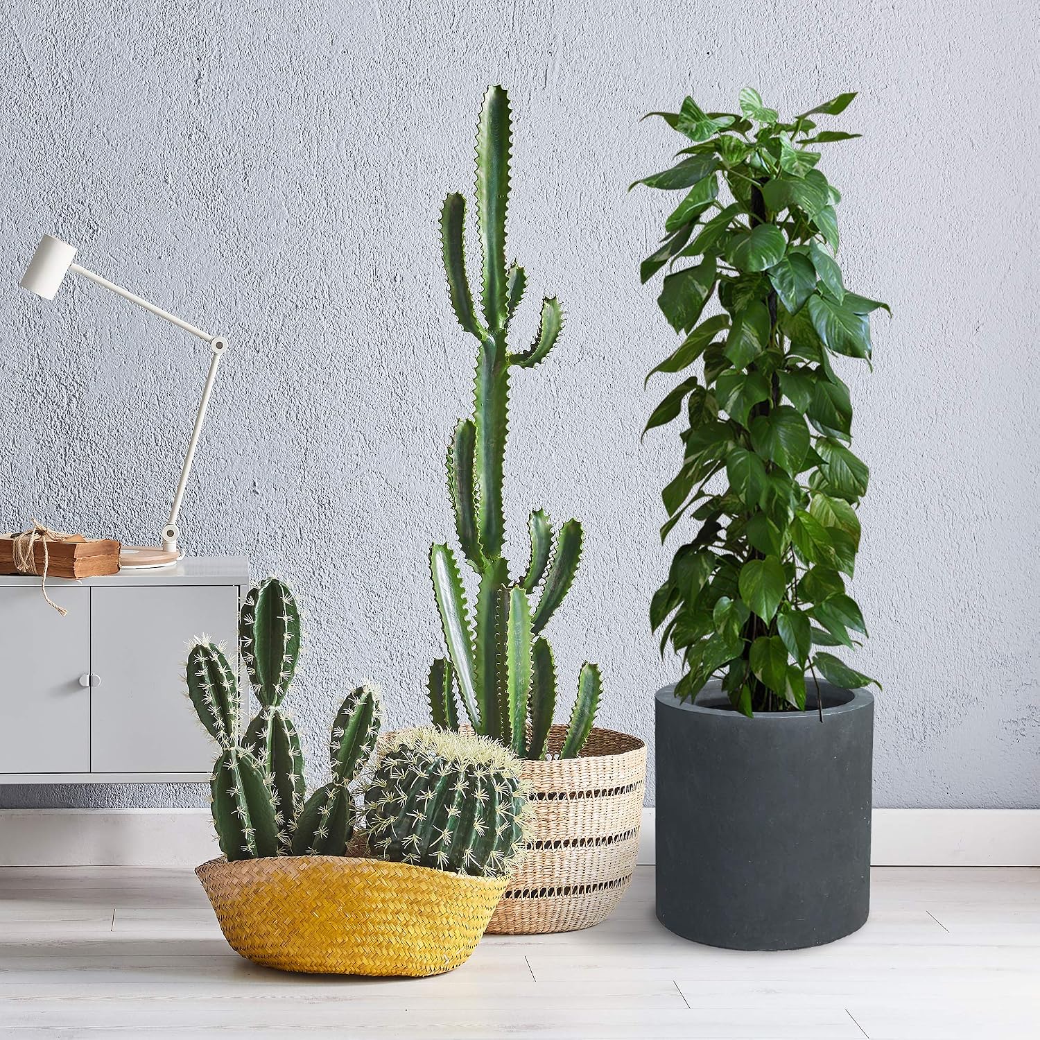 Kante Large Round Cylinder Charcoal Concrete Planter 15.8" Tall, Outdoor