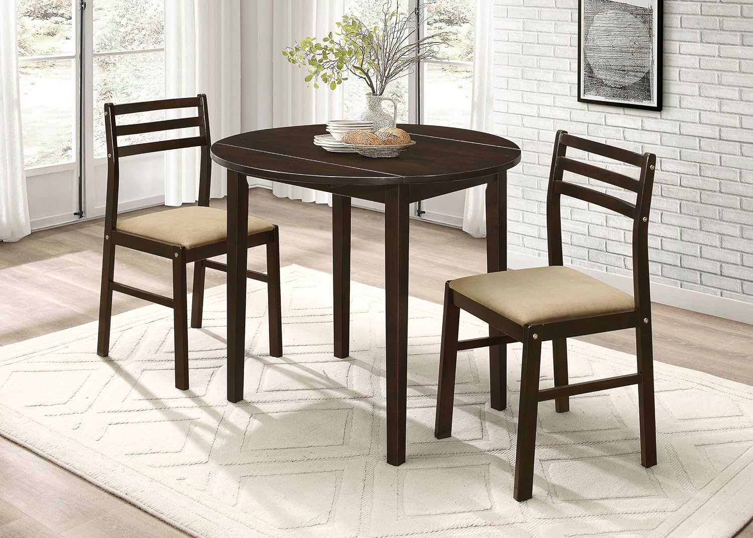 Coaster Home Furnishings 3-Piece Round Wood Dining Room Set Drop Leaf Extension Table Ladder Back Side Chairs Upholstered Seat Cushions Cappuccino