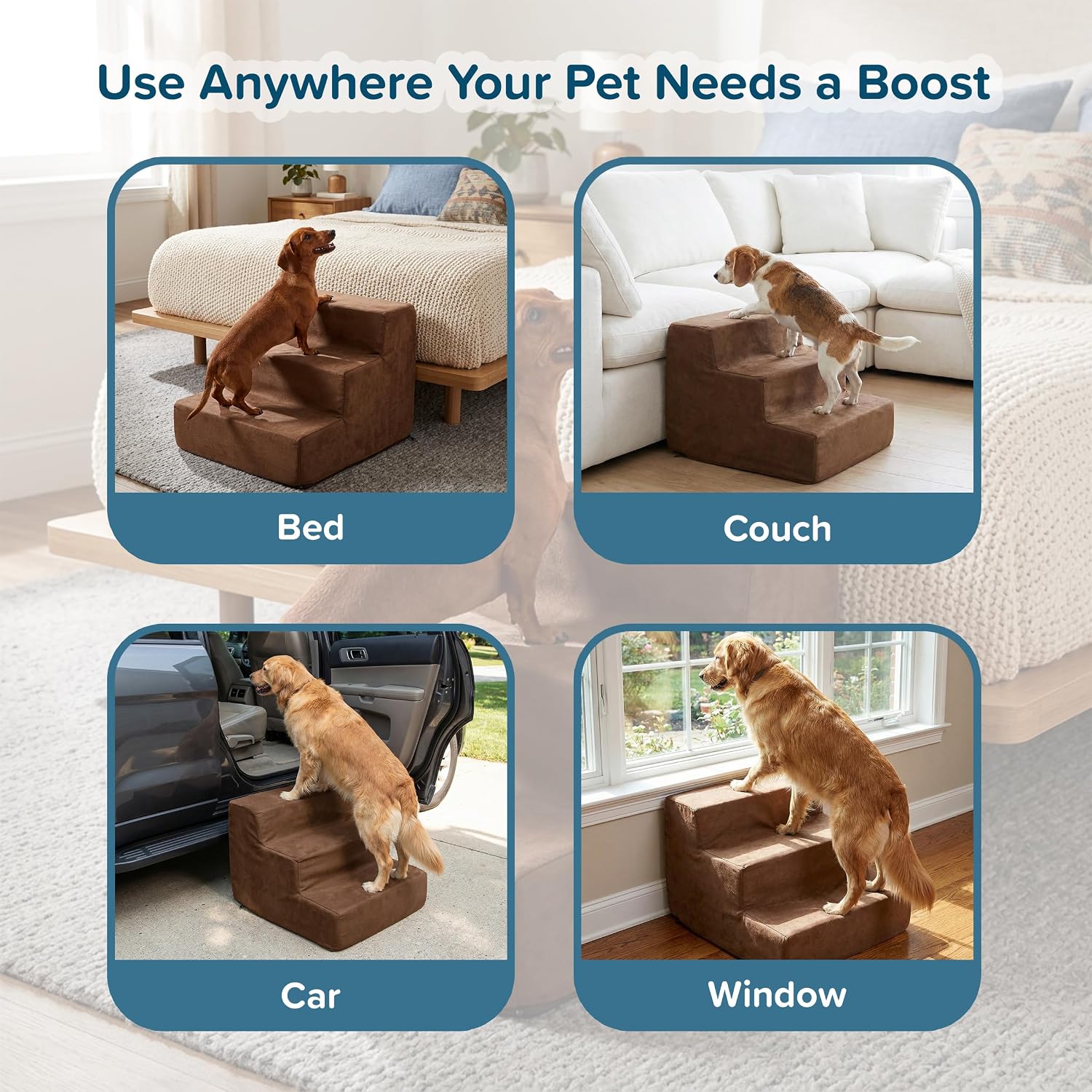 3-Step Pet Stairs - Nonslip Foam Dog and Cat Steps with Removable Zippered Microfiber Cover - 2-Tone Design for Home or Vehicle Use by PETMAKER (Tan) | 3-Step Pet Steps for High Bed and Couch - Pet Stairs with Nonslip Bottom, High-Density Foam, and Remov…