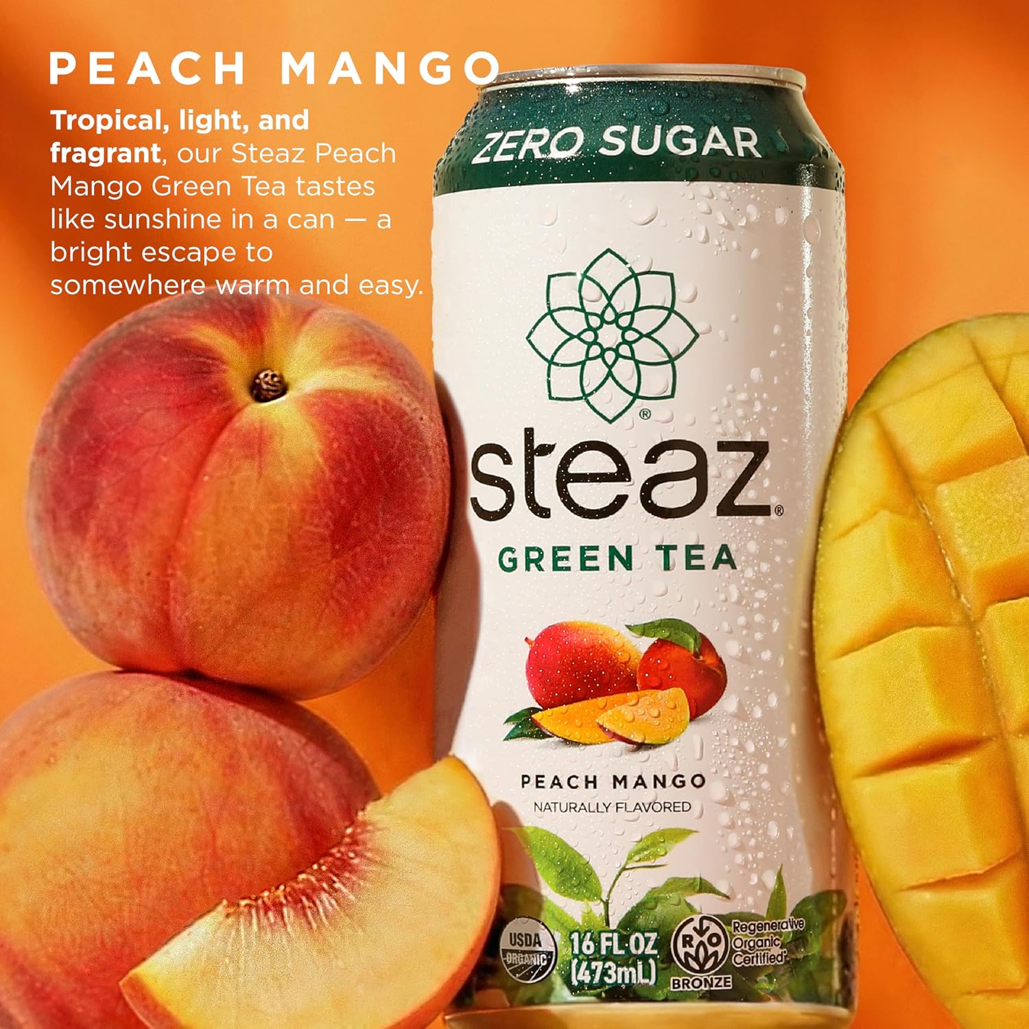 Steaz - Organic Green Tea - Peach (12 Pack) - 30mg Natural Caffeine, 70 Calories,Cane Sugar - Sweetened Iced Tea - Regenerative Organic Certified®️ - Vegan, Direct Trade - 12 Cans, 16 fl oz