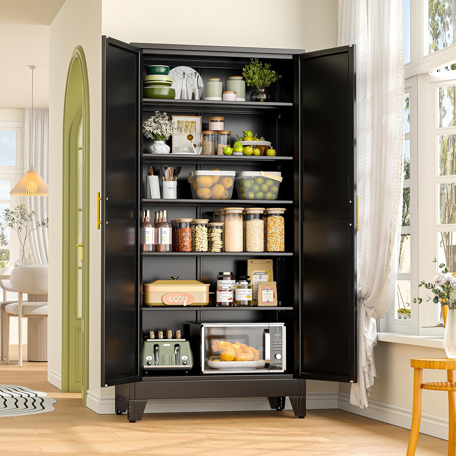 GAIOUS 75.2" Tall Metal Kitchen Pantry Storage Cabinets with 2 Door and 5 Adjustable Shelves, Cupboard for Kitchen, Dining Room, Living Room and Bathroom, White