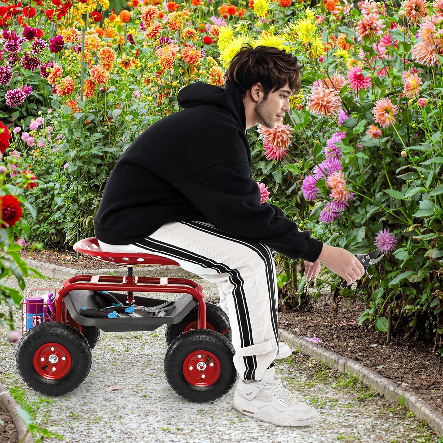 Goplus Rolling Garden Cart with Seat, Outdoor Garden Stool with Wheels, Tool Tray & Basket, Adjustable Steering Handle