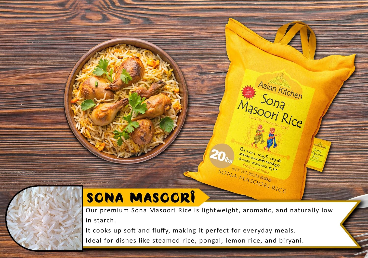 Asian Kitchen White Sona Masoori Aged Rice 20-Pound Bag, 20lbs (9.08kg) Short Grain Rice ~ All Natural | Gluten Friendly | Vegan | Kosher | Indian Origin | Export Quality