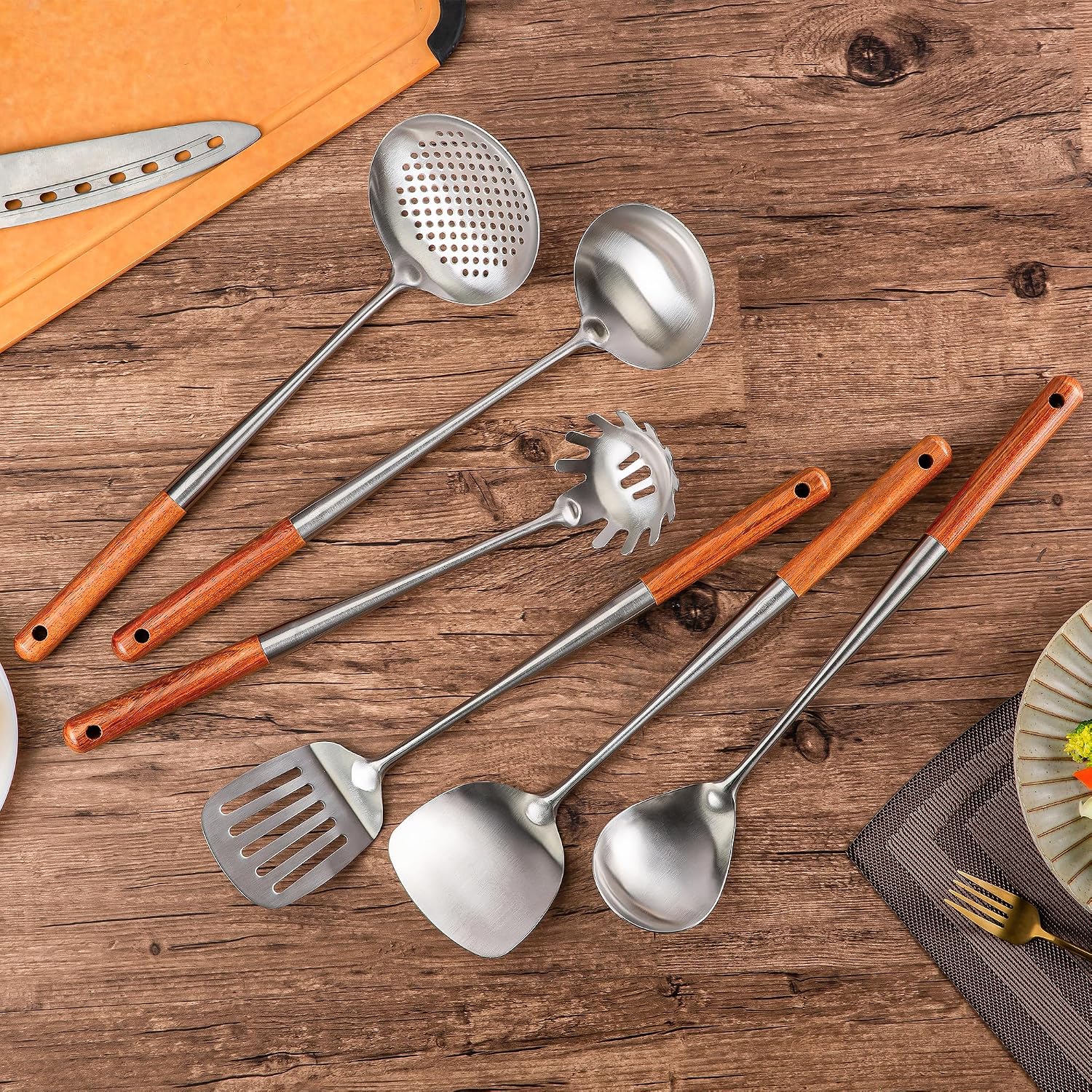 FJNATINH Wok Spatula and Ladle,Skimmer Ladle Tool Set, 17inches Spatula for Wok, 304 Stainless Steel Cooking Utensils