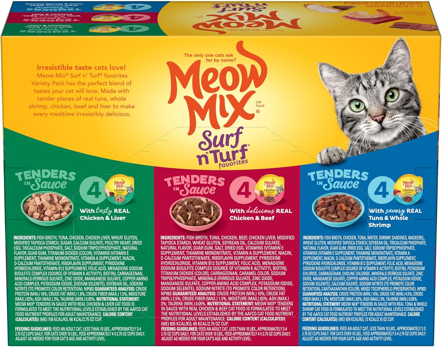 Meow Mix Tenders in Sauce, Wet Cat Food with Tuna & Whole Shrimp, 12 Cups
